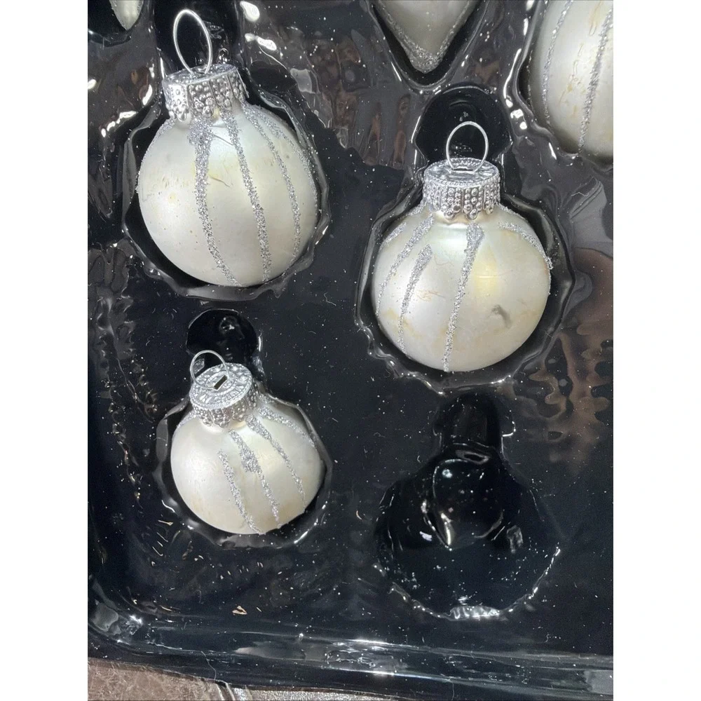 Yule Glass Christmas Ornaments White Silver Glitter In Box Set of 19 Assorted